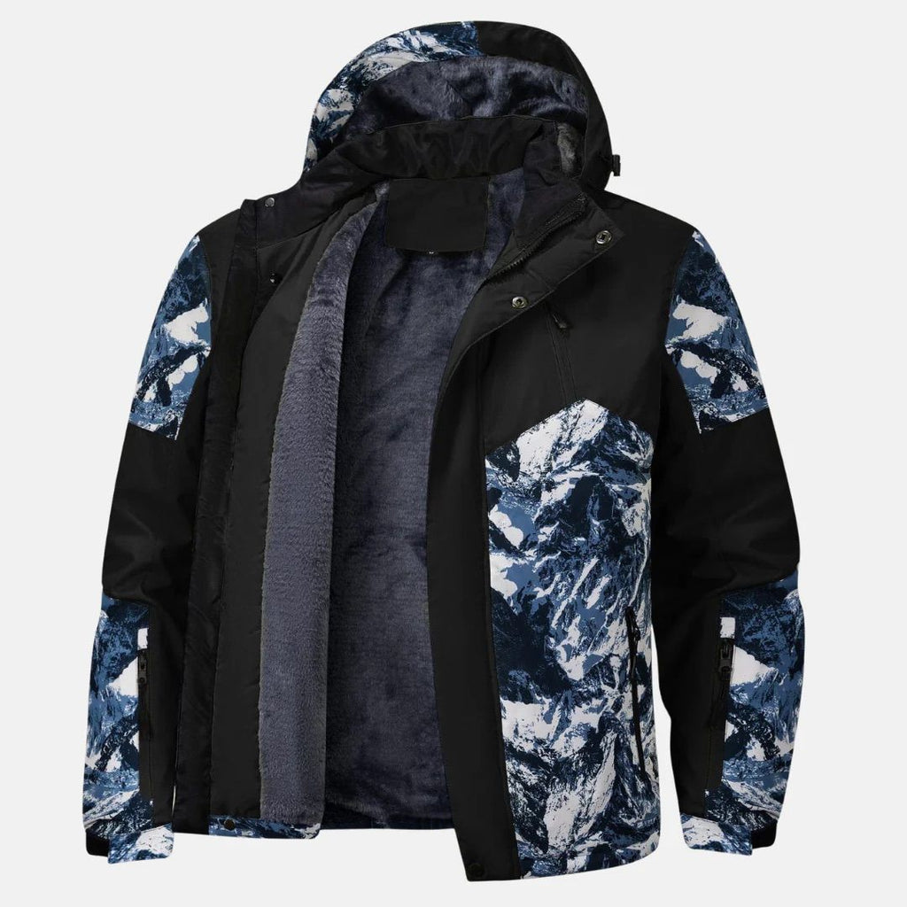 Men's Hooded Mountain Print Ski Jacket, Zip Front