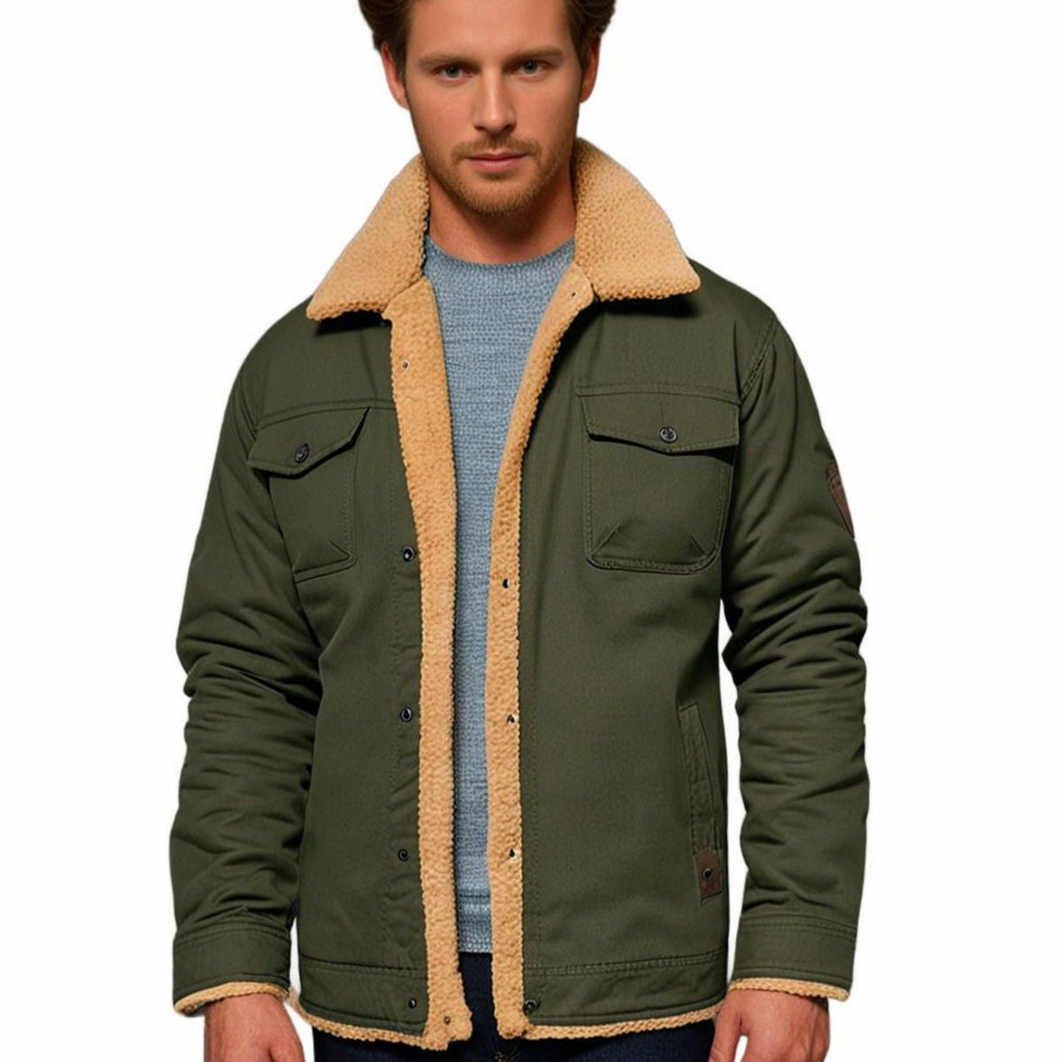 Men's Sherpa-Lined Fleece Button-Front Winter Jacket