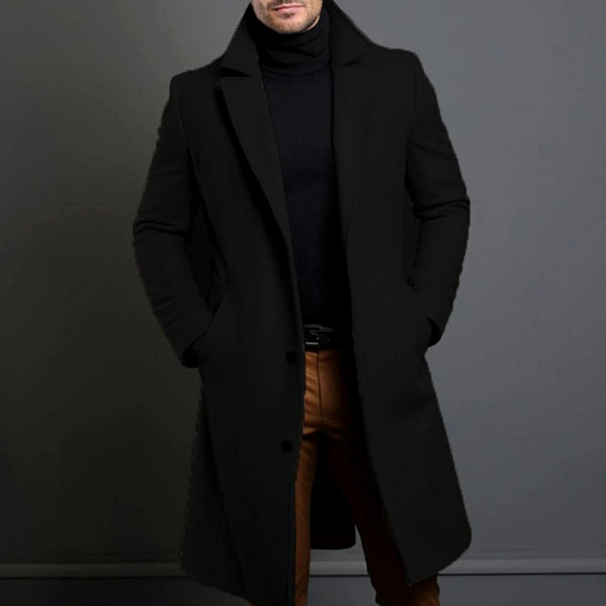 Men's Tailored Single-Breasted Lapel Long Overcoat