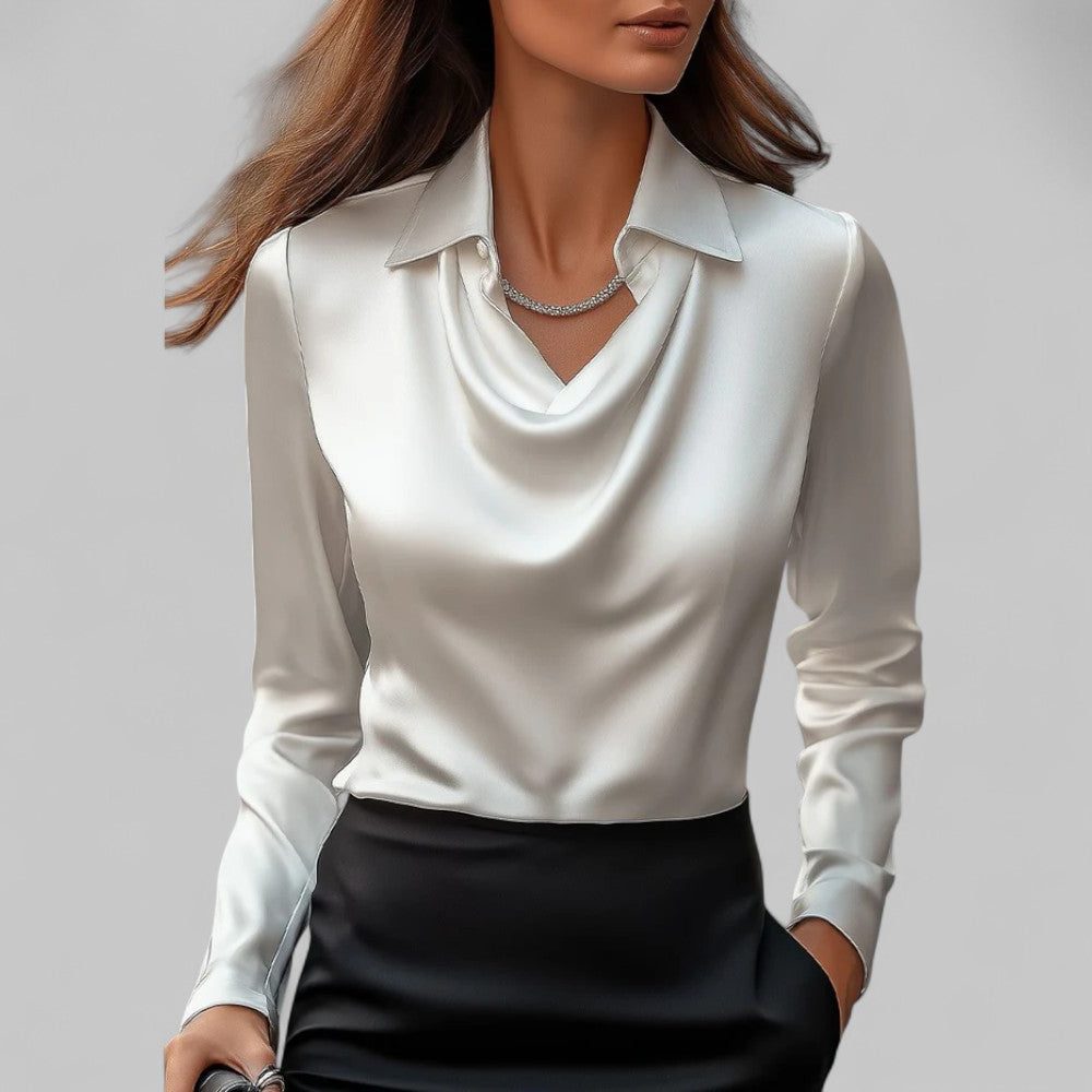 Meredith | Satin Blouse with Long Sleeves and Cowl Neck for Women