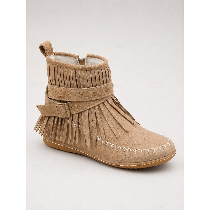 Women's Fringe Ankle Boots with Buckle Strap Zip