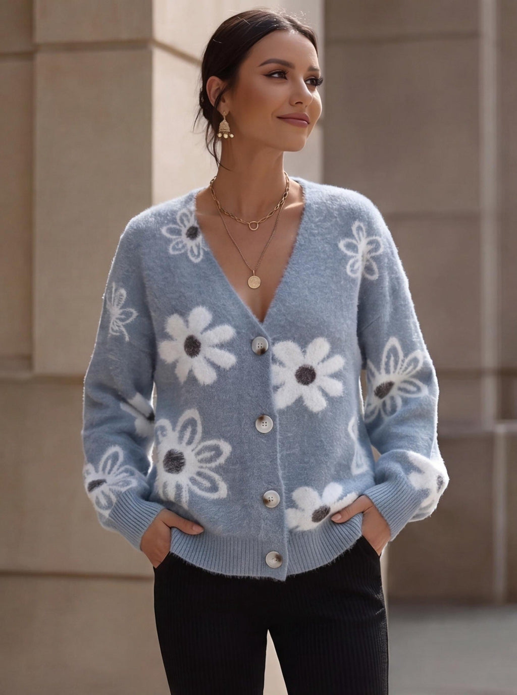 Micah - Women's Floral V-Neck Knit Cardigan