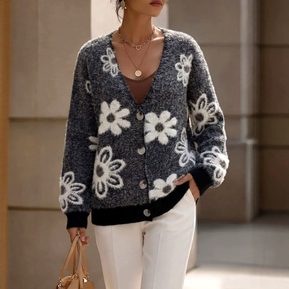 Micah - Women's Floral V-Neck Knit Cardigan