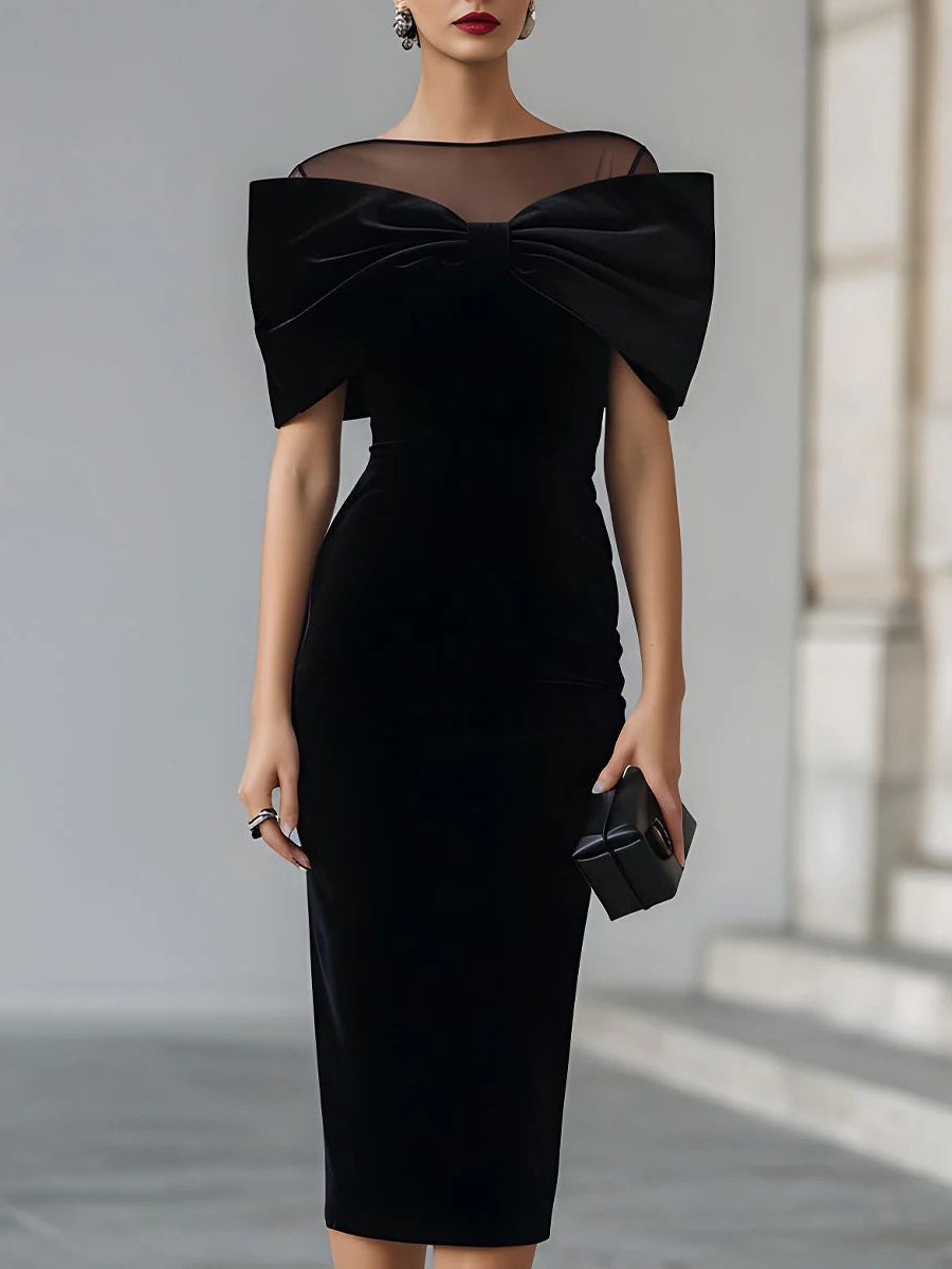 Mignonette | Velvet Midi Cocktail Dress with Bow Accent for Women