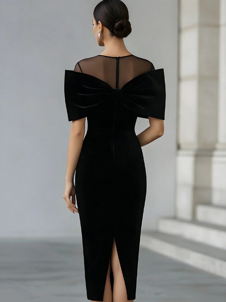 Mignonette | Velvet Midi Cocktail Dress with Bow Accent for Women