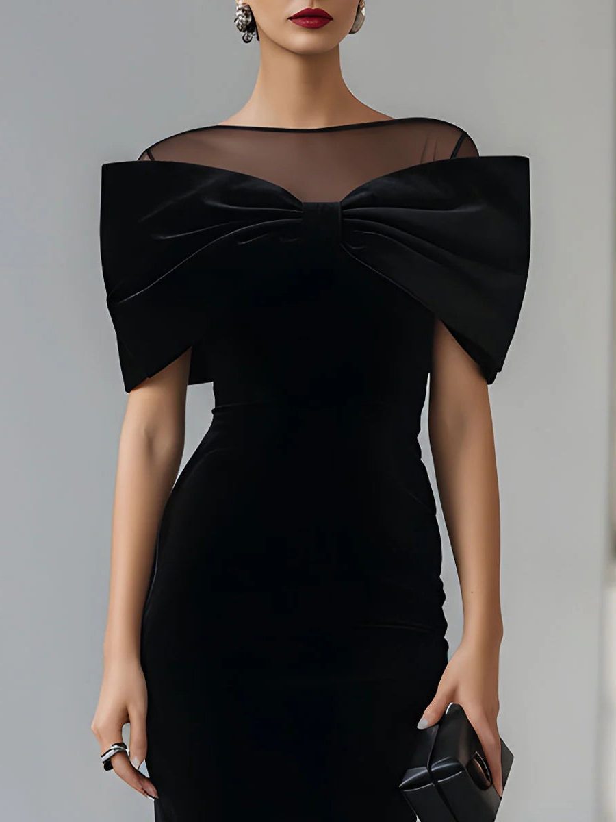 Mignonette | Velvet Midi Cocktail Dress with Bow Accent for Women