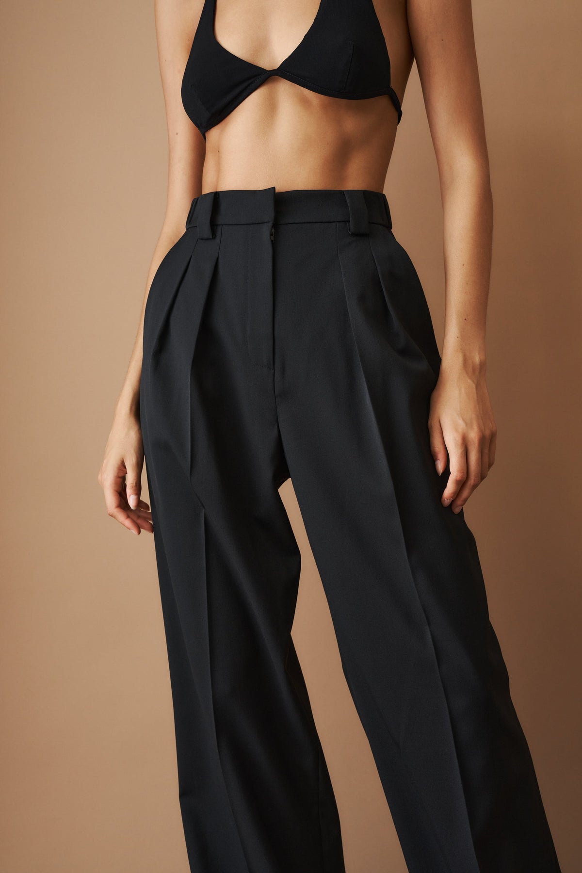 Women's Black High-Waisted Wide-Leg Pleated Pants