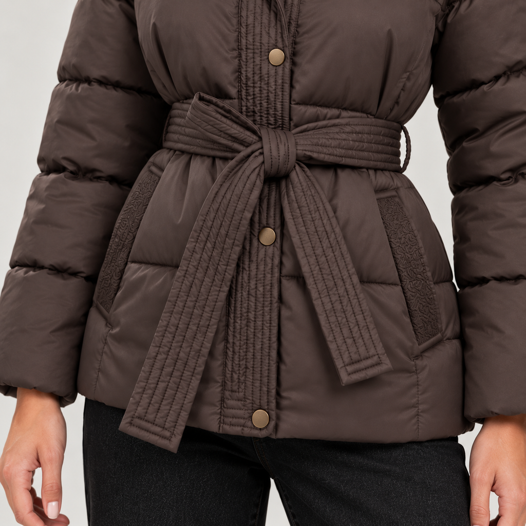 Montarello Women's Jacket Puffer Hooded Belted Quilted Zip