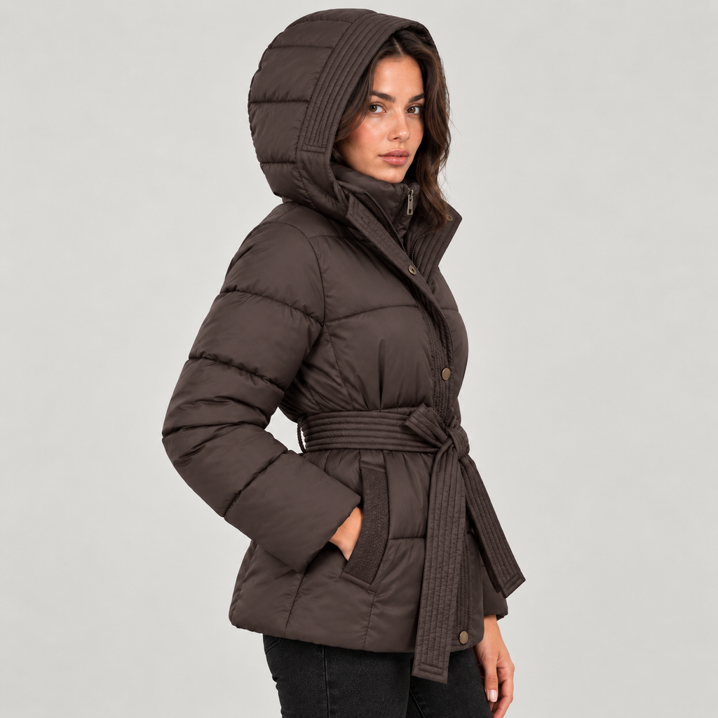 Montarello Women's Jacket Puffer Hooded Belted Quilted Zip