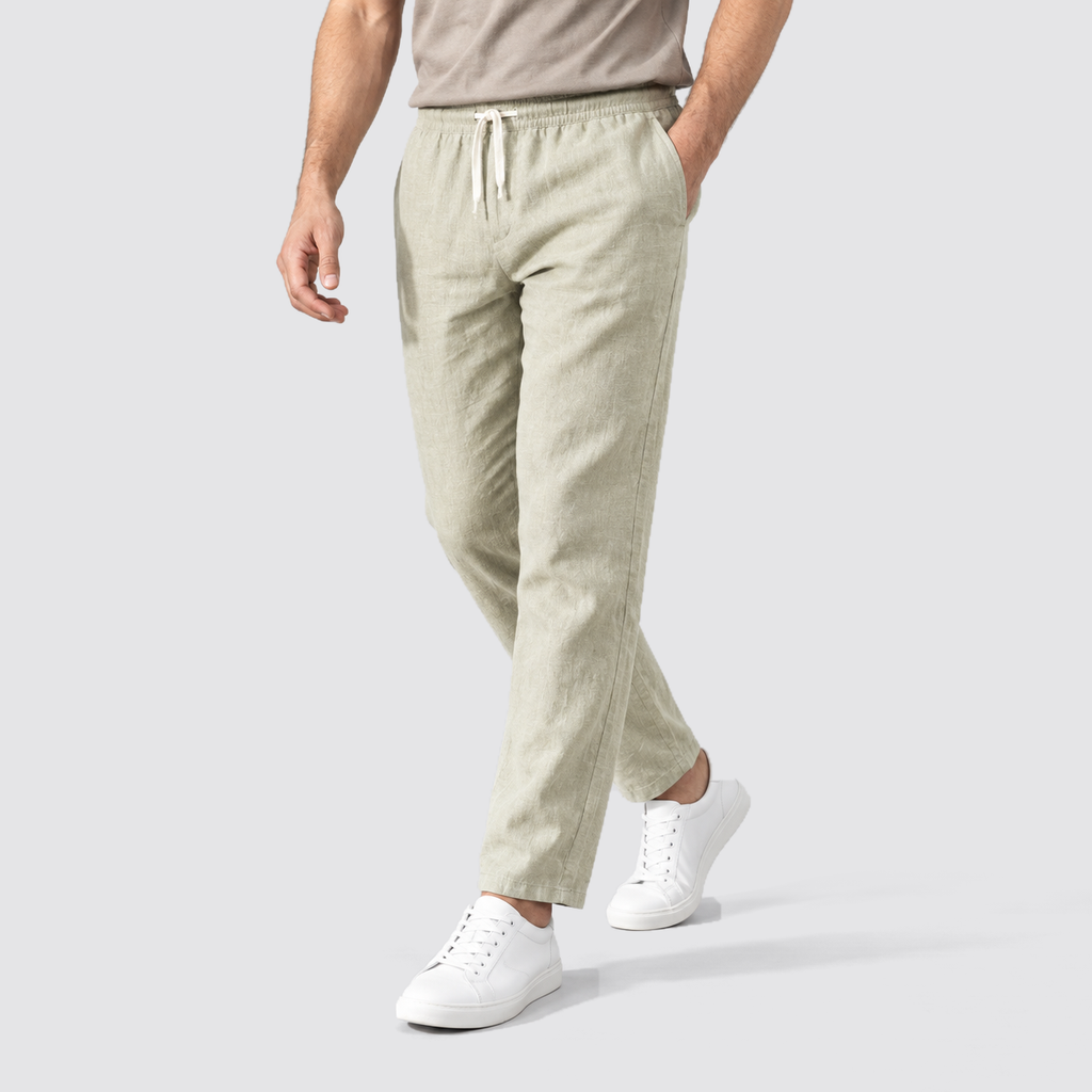 Montarello Men's Straight-Leg Linen-Look Elastic Waist Summer Trousers