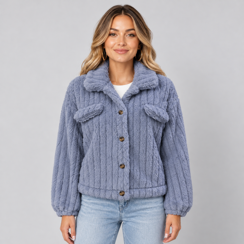 Montarello Women's Teddy Jacket Borg Collared Button Front