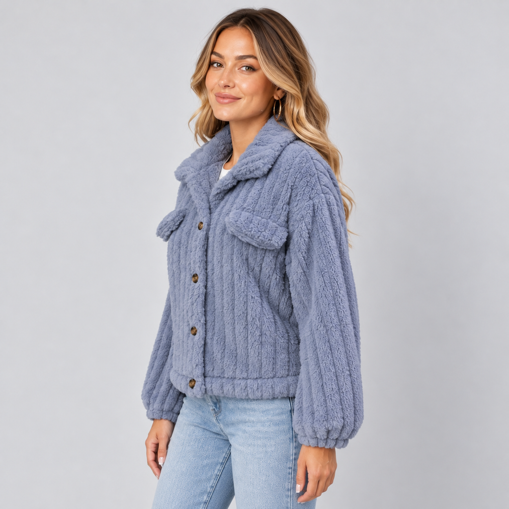 Montarello Women's Teddy Jacket Borg Collared Button Front