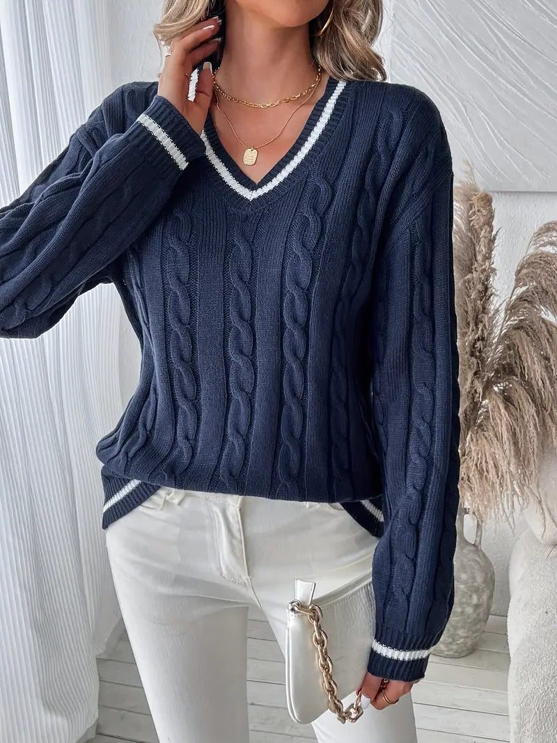 Nathania | Cable Knit Sweater with V-Neck for Women