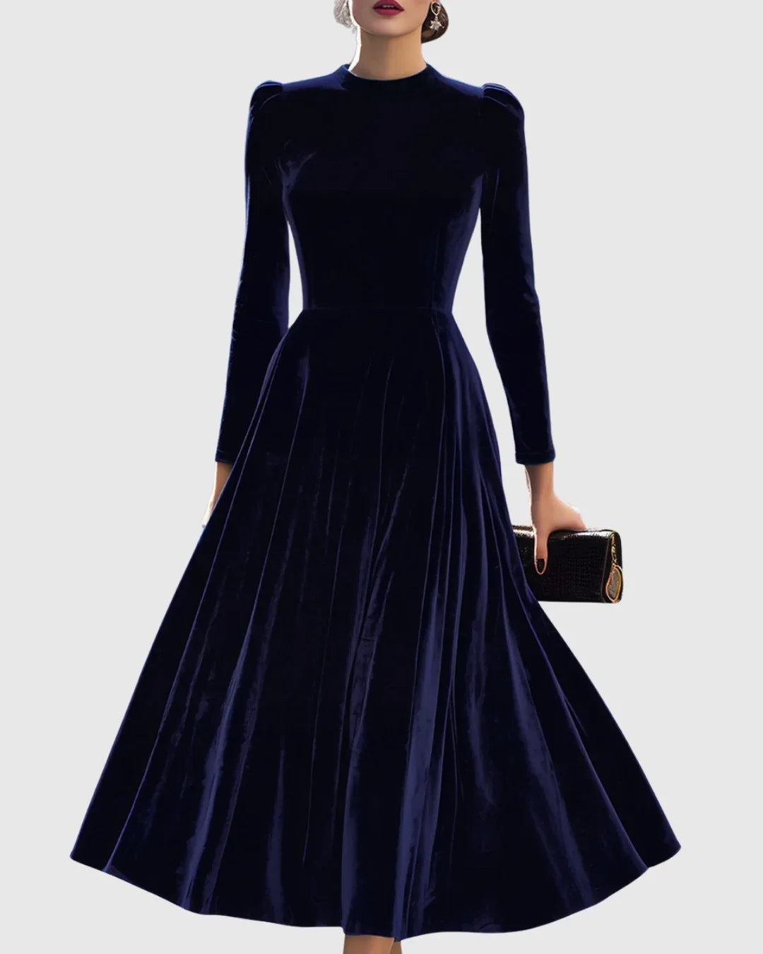 Women's velvet stand collar midi dress with puffed long sleeves