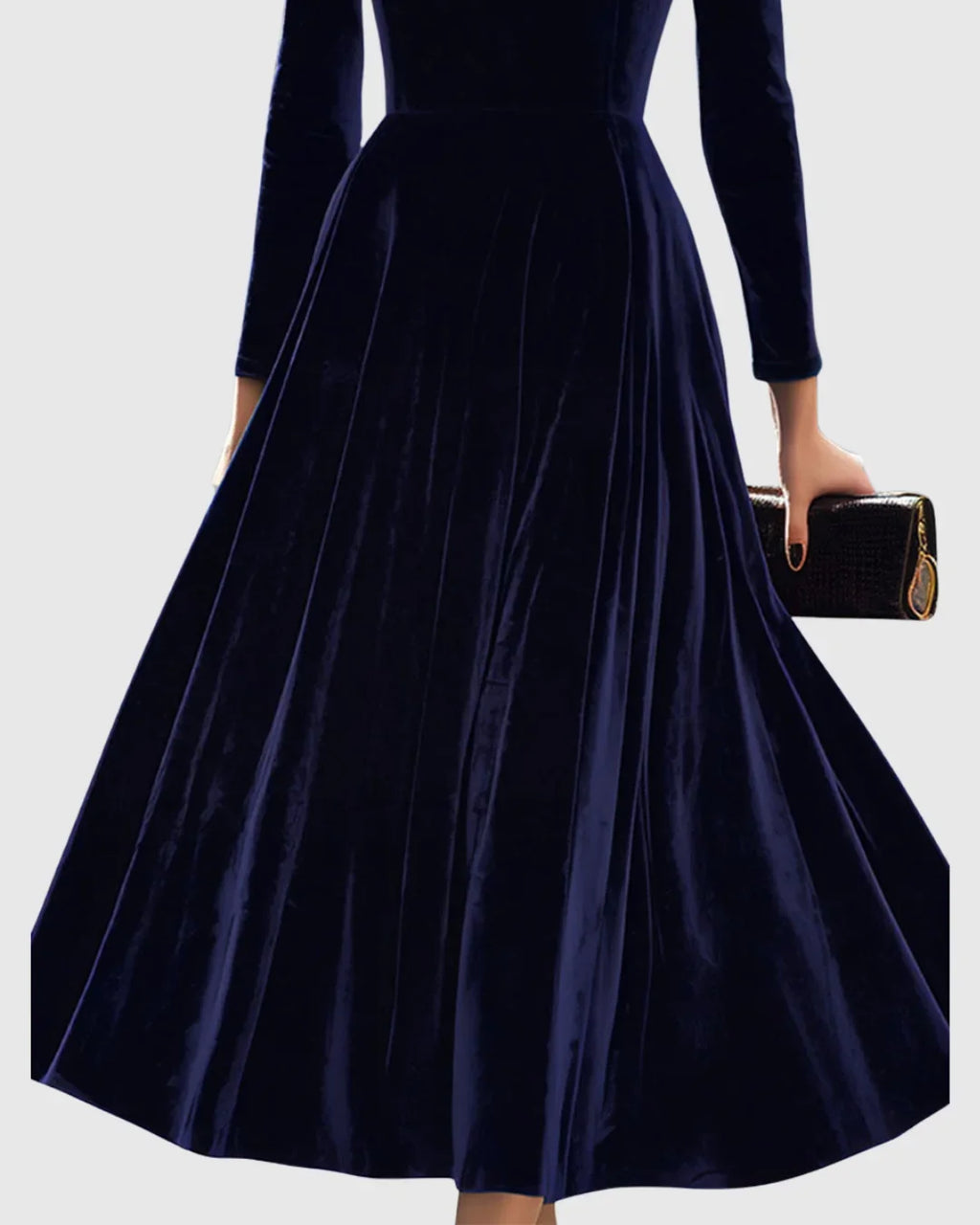 Women's velvet stand collar midi dress with puffed long sleeves
