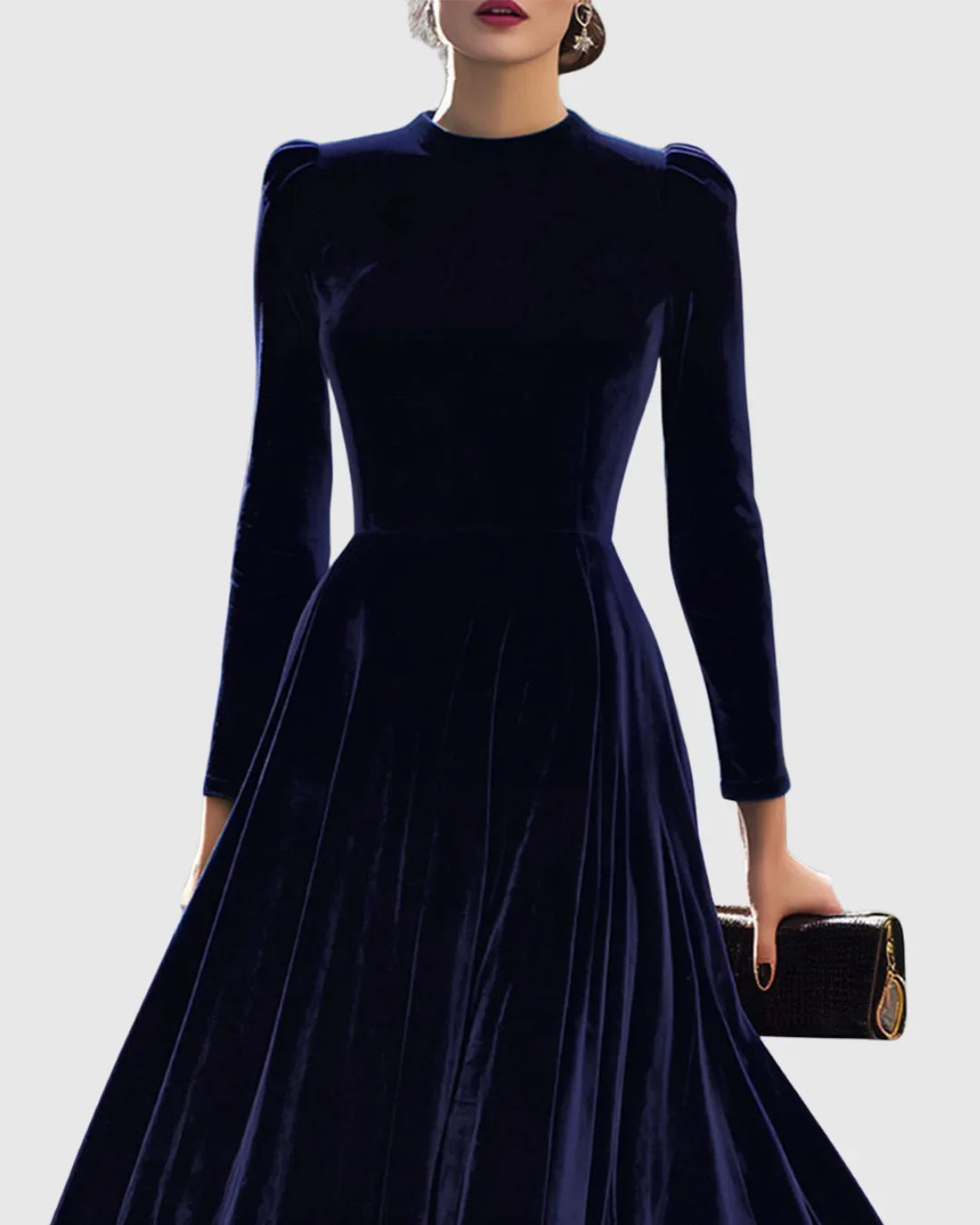 Women's velvet stand collar midi dress with puffed long sleeves