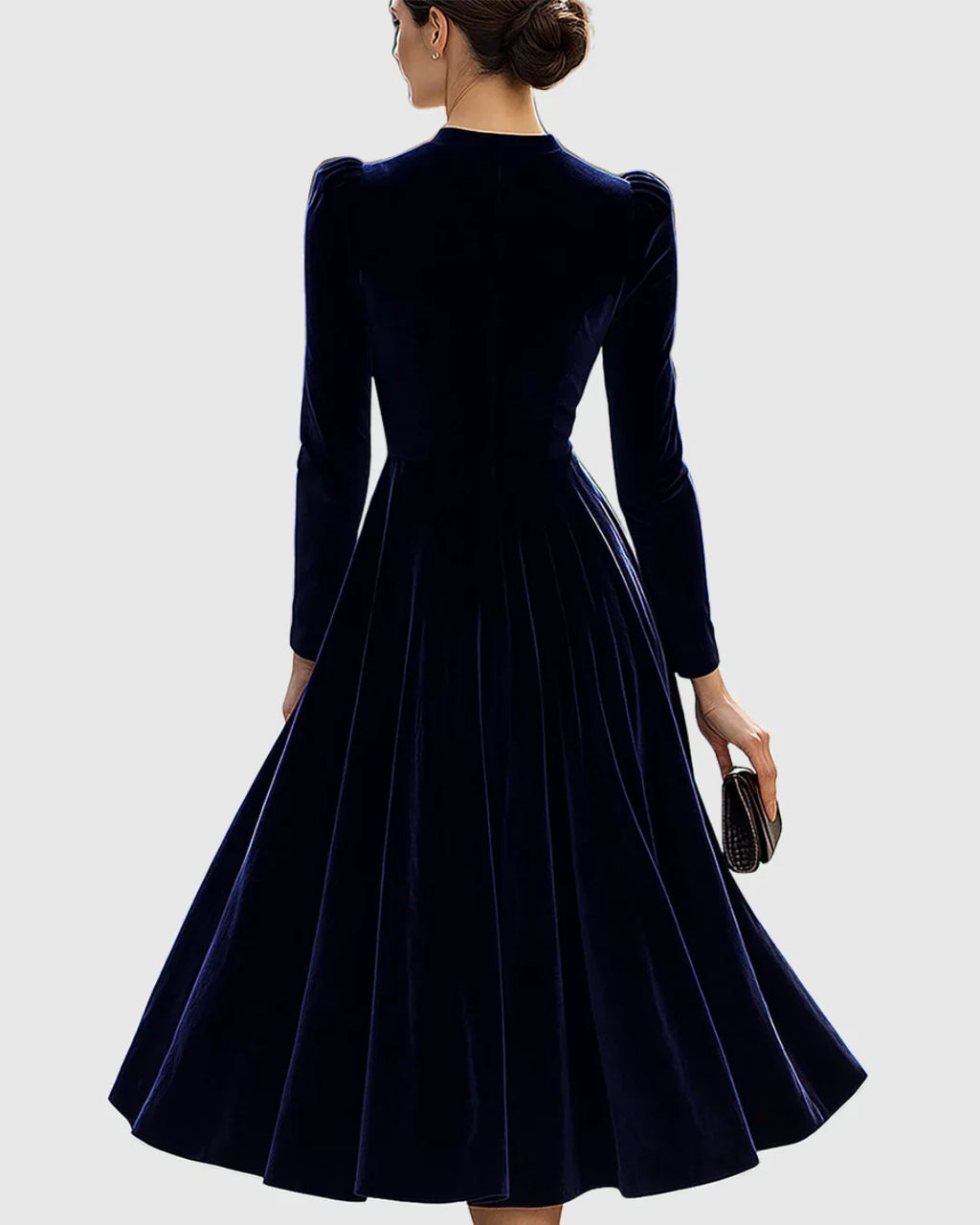 Women's velvet stand collar midi dress with puffed long sleeves