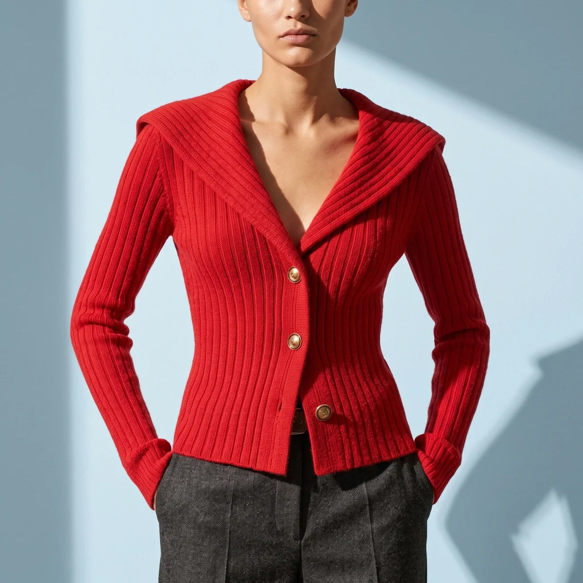 Nerys Ribbed Fold Over Collar Button Cardigan