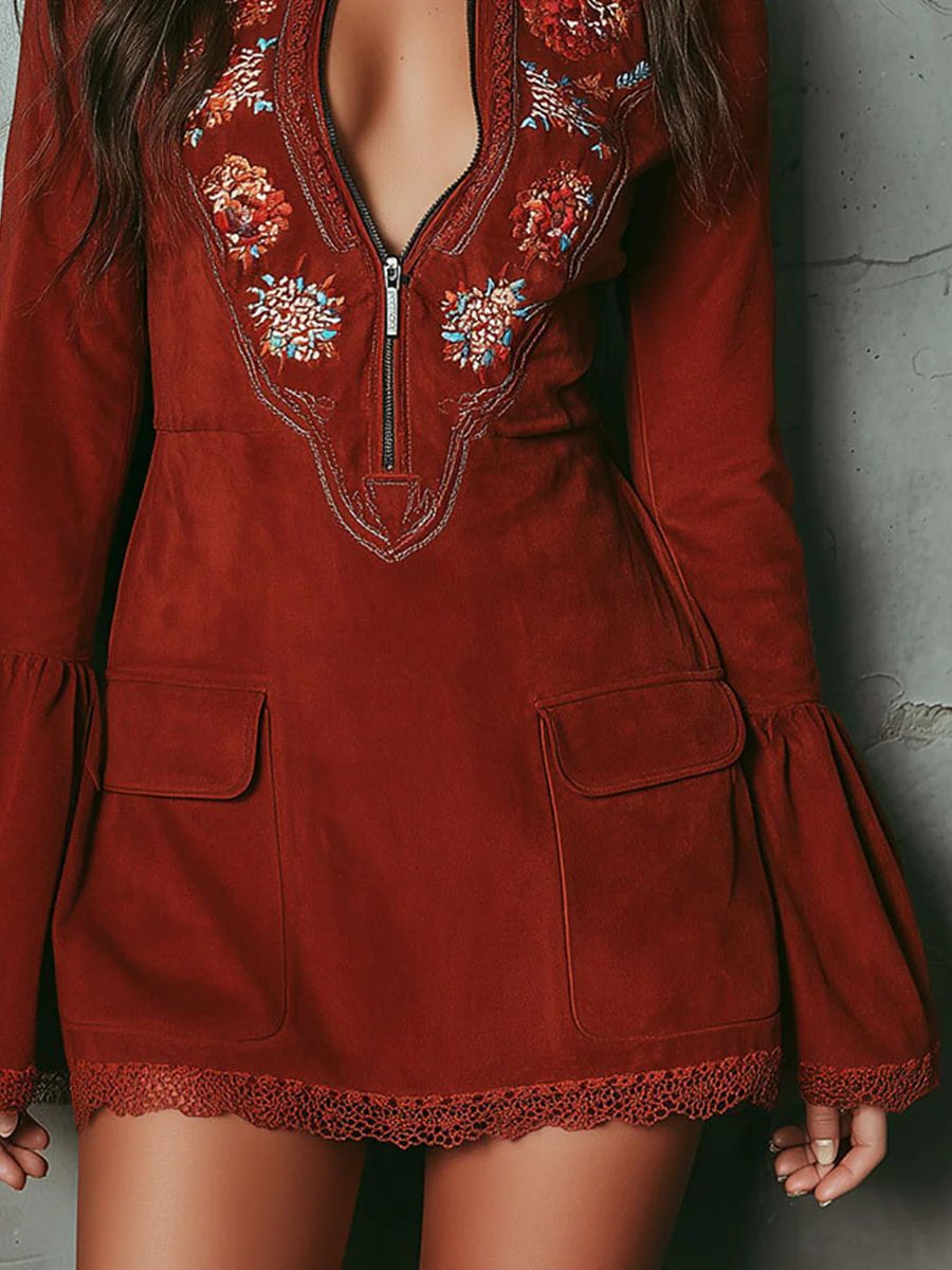 Norabel | Vintage Embroidered Mini Dress with Bell Sleeves for Women