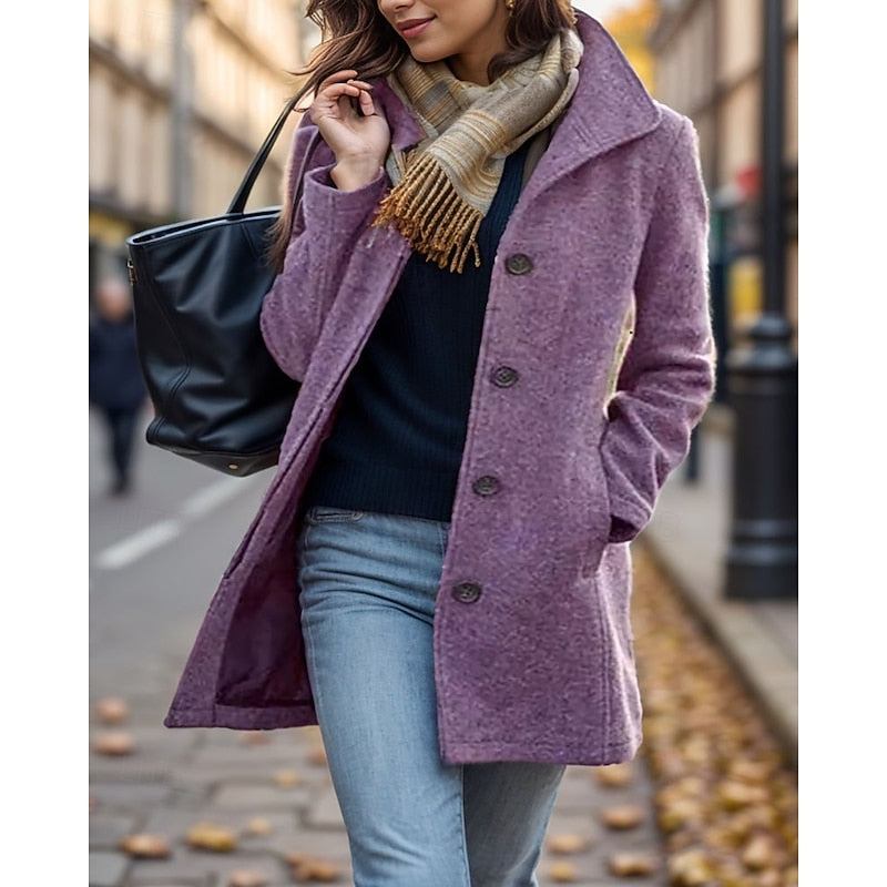 Women's Turndown Collar Coat Button Front Mid Length