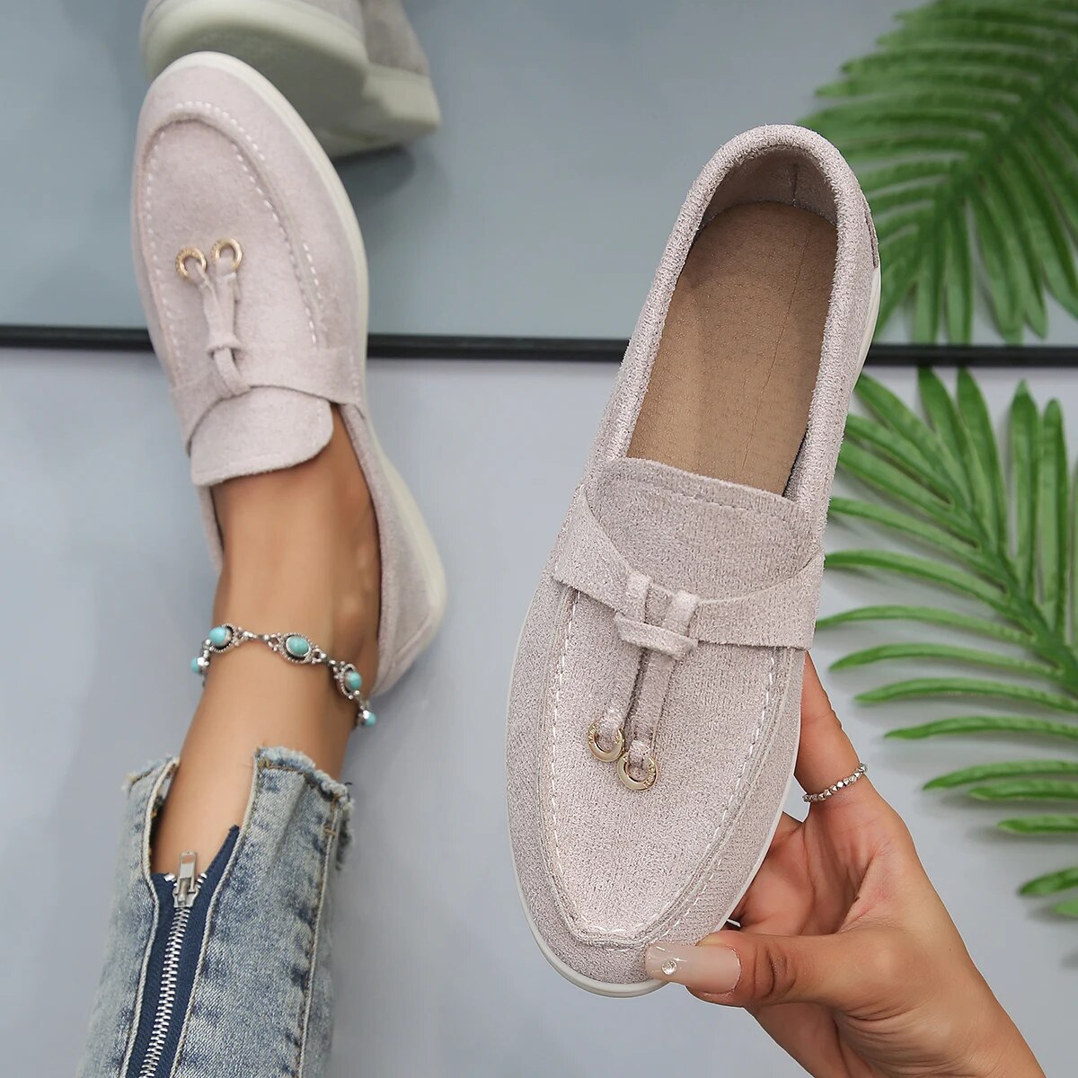 Women's Loafers with Suede Upper and Rubber Sole