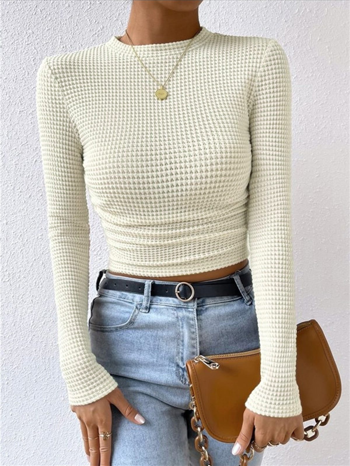 Olivia | Waffle Knit Cropped Top with Long Sleeves and Crew Neck for Women