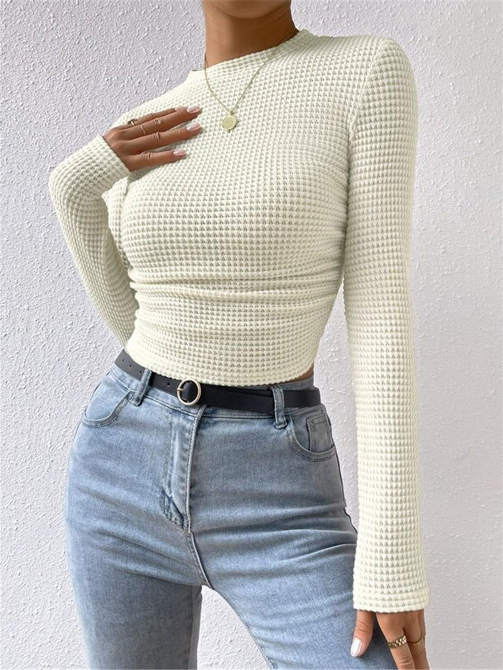 Olivia | Waffle Knit Cropped Top with Long Sleeves and Crew Neck for Women