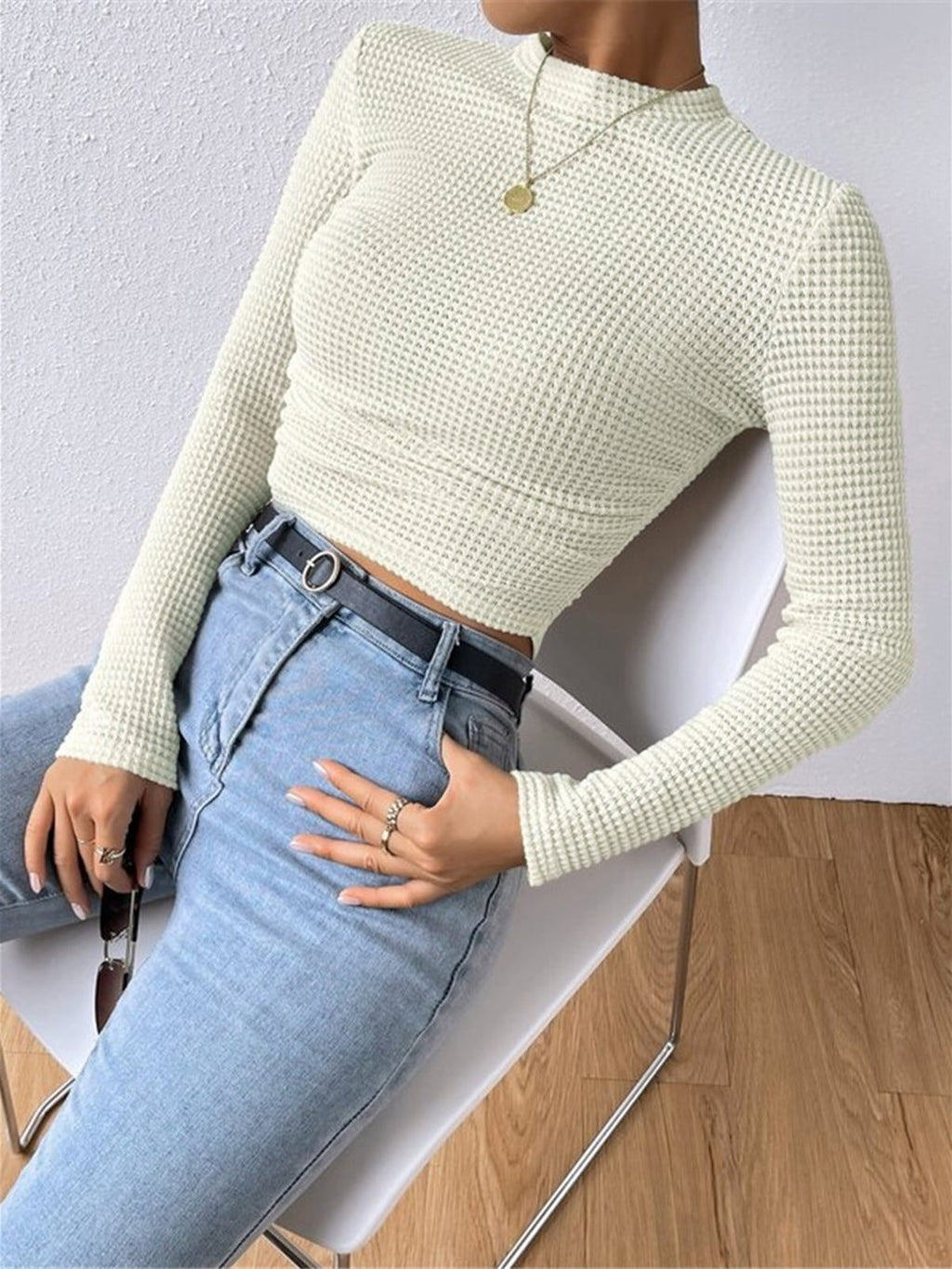 Olivia | Waffle Knit Cropped Top with Long Sleeves and Crew Neck for Women