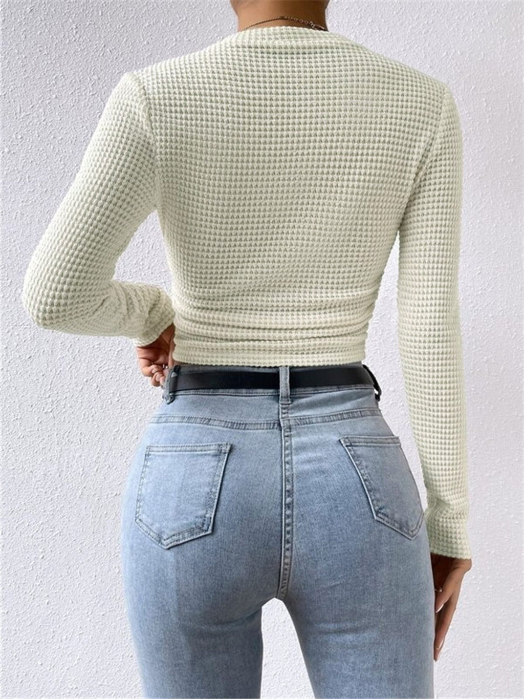 Olivia | Waffle Knit Cropped Top with Long Sleeves and Crew Neck for Women