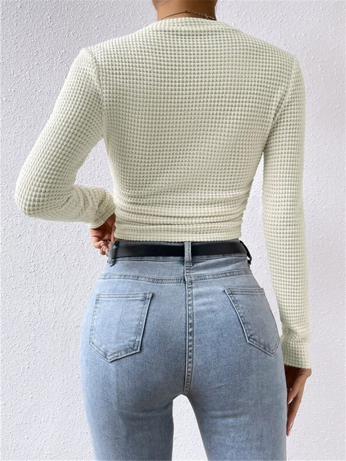Olivia | Waffle Knit Cropped Top with Long Sleeves and Crew Neck for Women