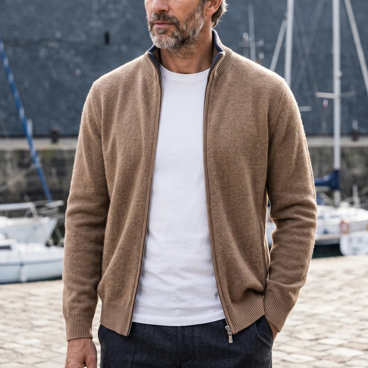 Olivier Wool Blend Full Zip Stand Collar Cardigan