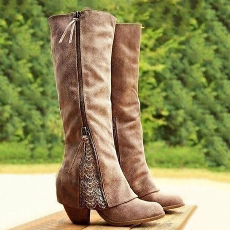 Onyx | Block Heel Knee High Boots with Lace Detail for Women