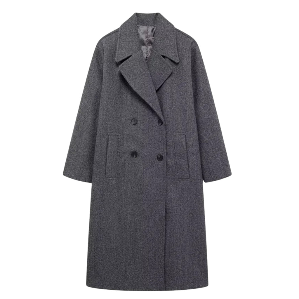 Women's Double-Breasted Long Coat with Wide Lapels