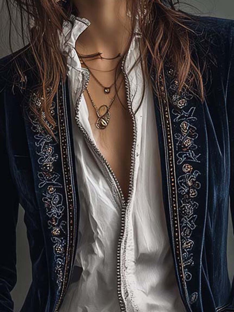 Oriana | Embroidered Velvet Long Jacket for Women