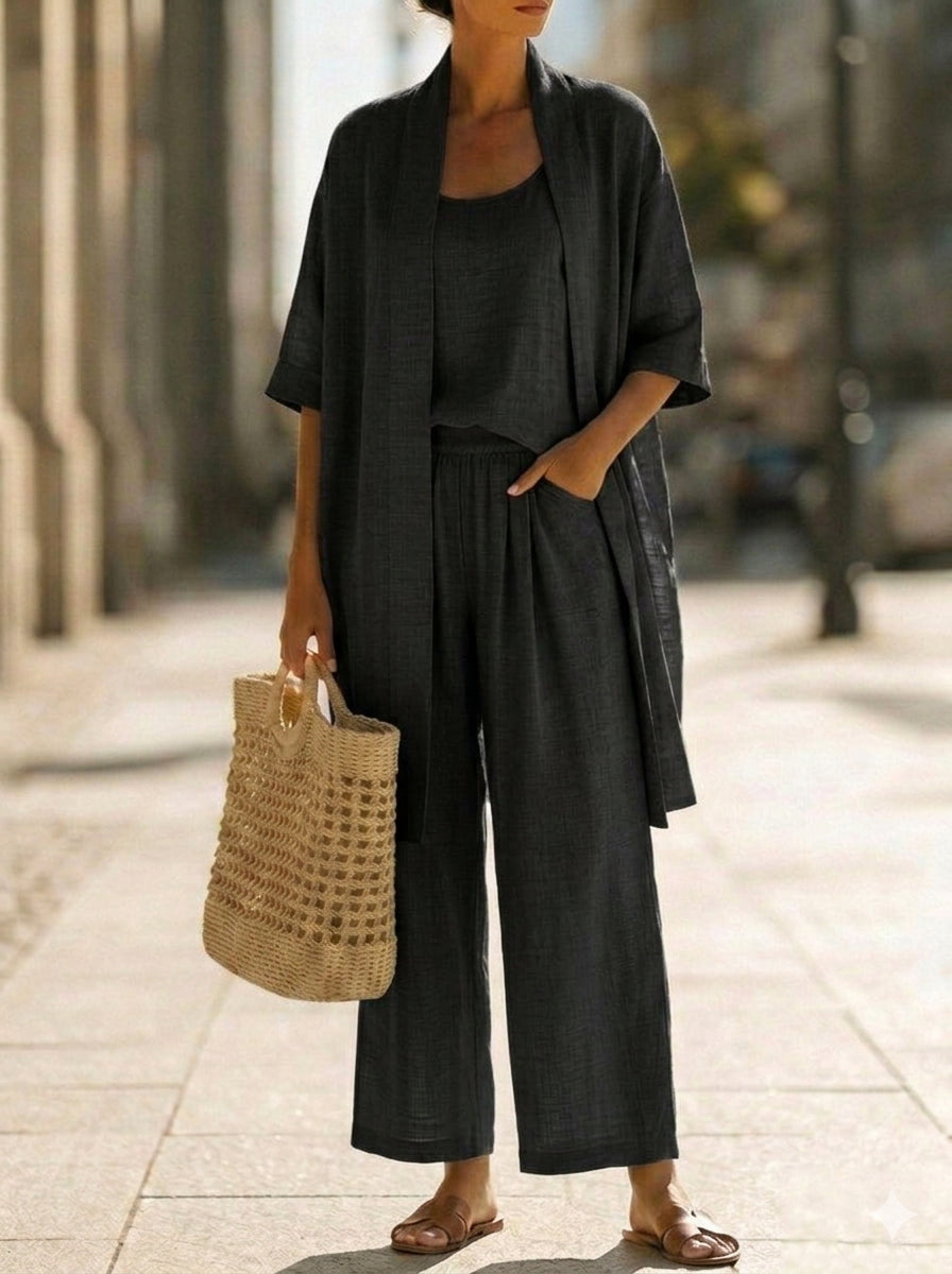 Women's Three-Piece Wide-Leg Set with Cardigan and Tank