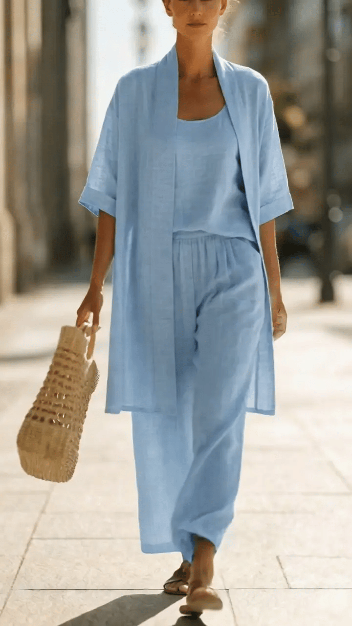 Women's Three-Piece Wide-Leg Set with Cardigan and Tank