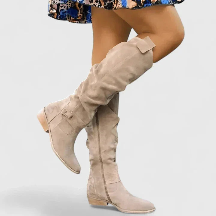 Women's suede side zip orthopedic knee high boots with buckle strap detail