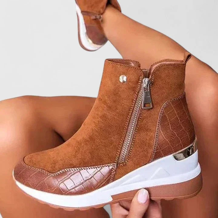 Women's suede side zip orthopedic ankle boots with textured panels