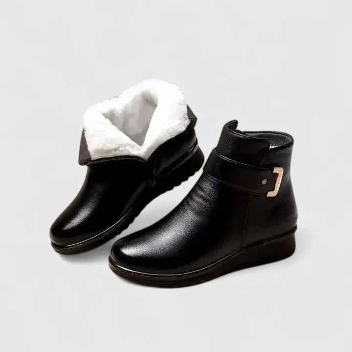 Women's faux leather side zip orthopedic ankle boots with buckle detail