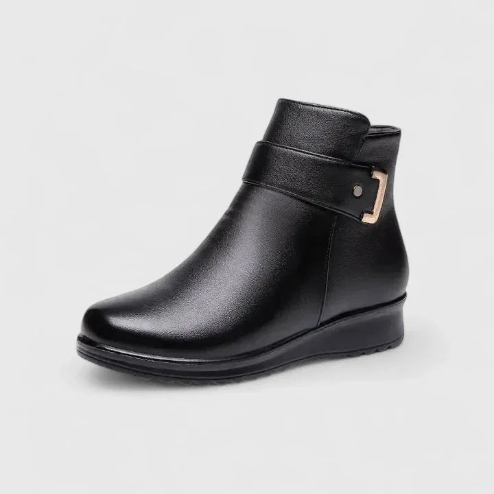 Women's faux leather side zip orthopedic ankle boots with buckle detail