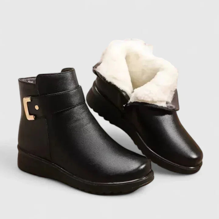 Women's faux leather side zip orthopedic ankle boots with buckle detail
