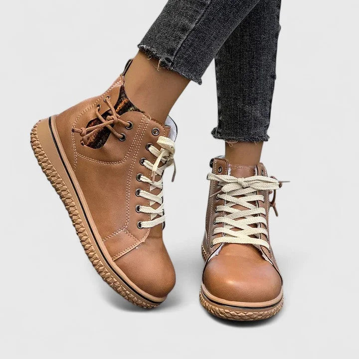 Women's faux leather lace-up orthopedic combat boots with chunky sole