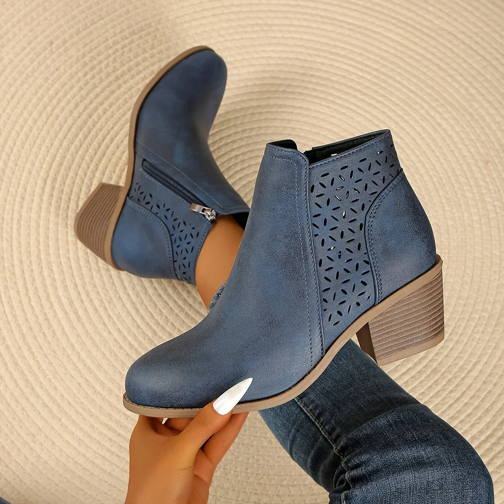Women's faux leather side zip orthopedic ankle boots with laser-cut perforations