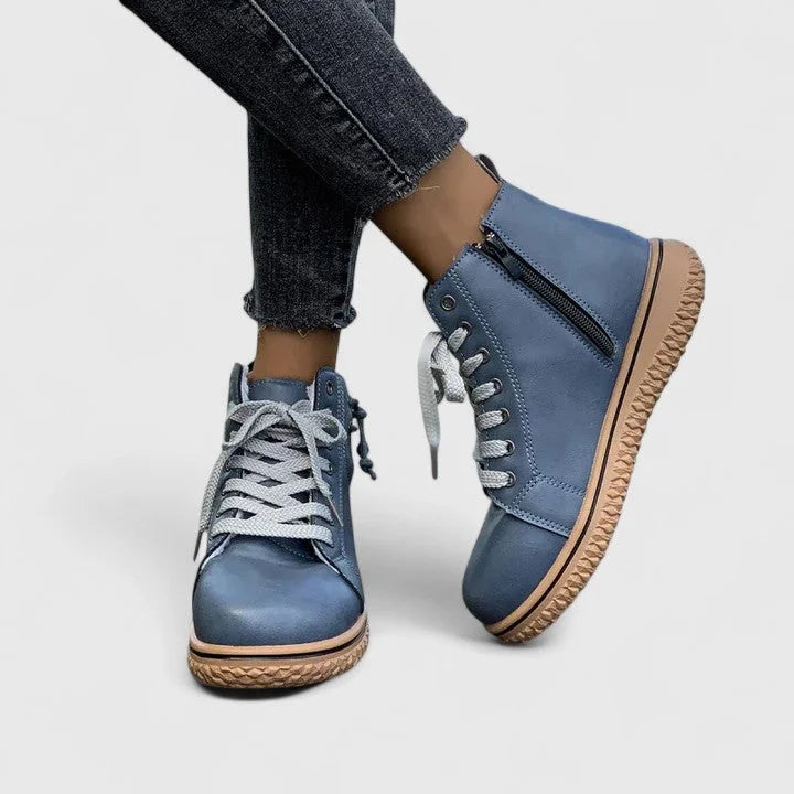 Women's faux leather lace-up orthopedic combat boots with chunky sole