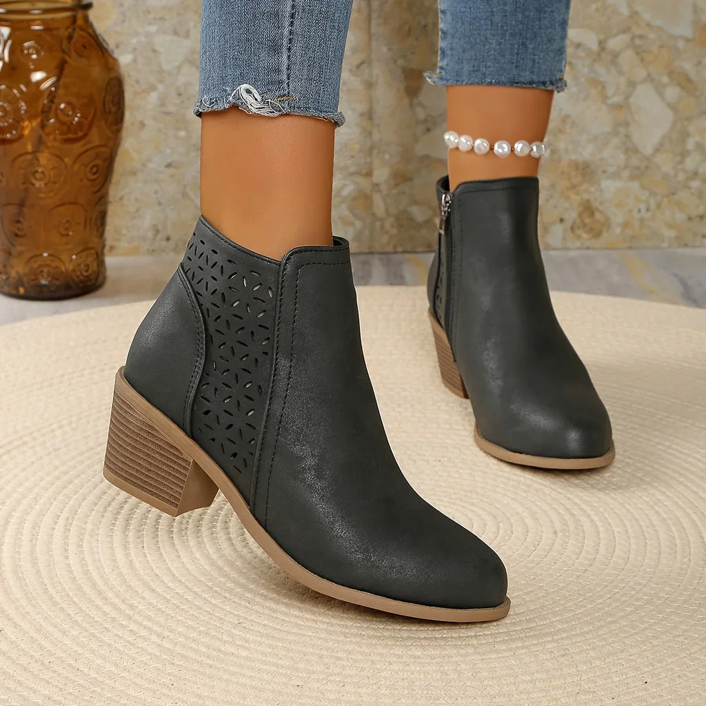 Women's faux leather side zip orthopedic ankle boots with laser-cut perforations
