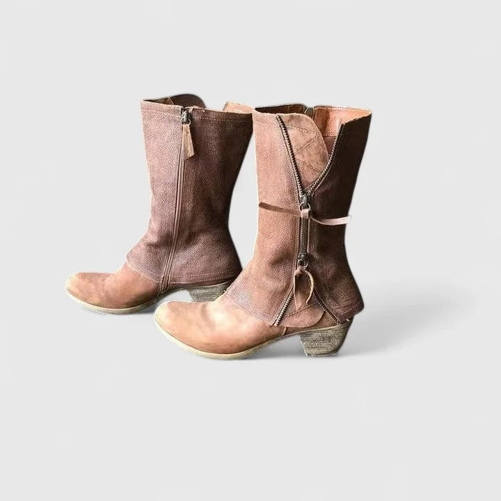 Women's suede side zip orthopedic heeled boots with decorative zippers
