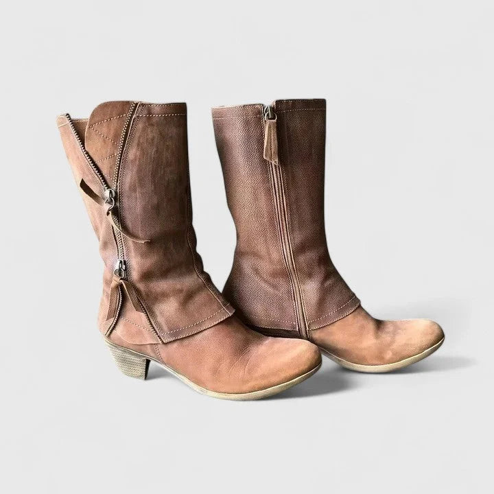 Women's suede side zip orthopedic heeled boots with decorative zippers