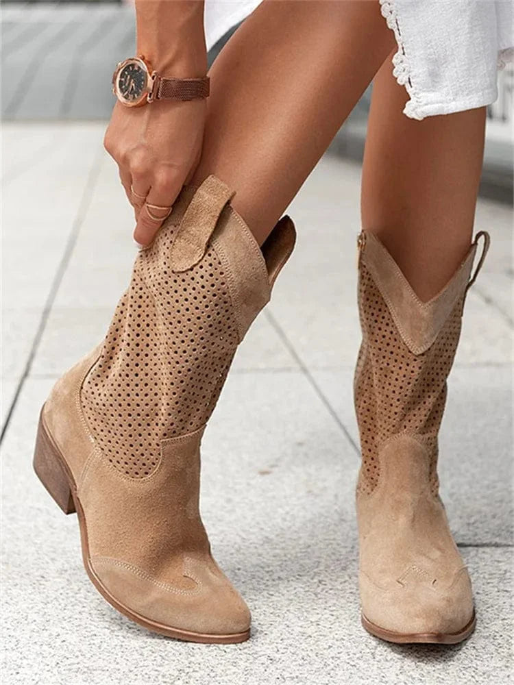 Women's suede side zip orthopedic western boots with perforated shaft
