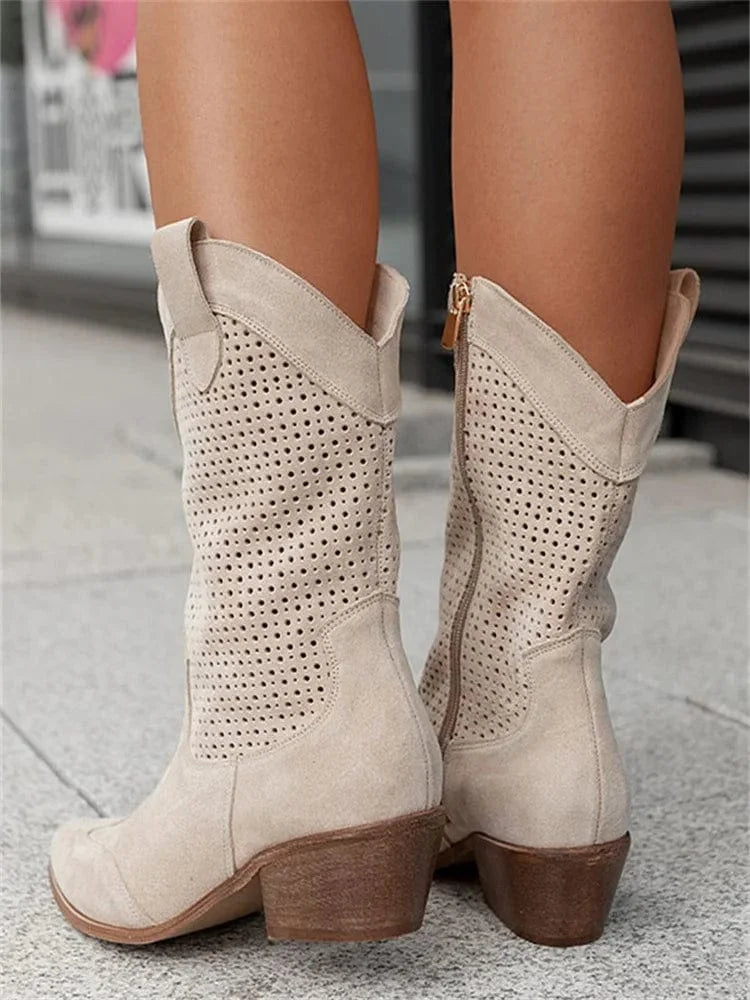 Women's suede side zip orthopedic western boots with perforated shaft
