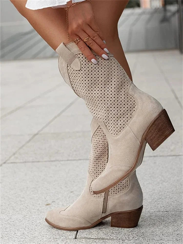 Women's suede side zip orthopedic western boots with perforated shaft